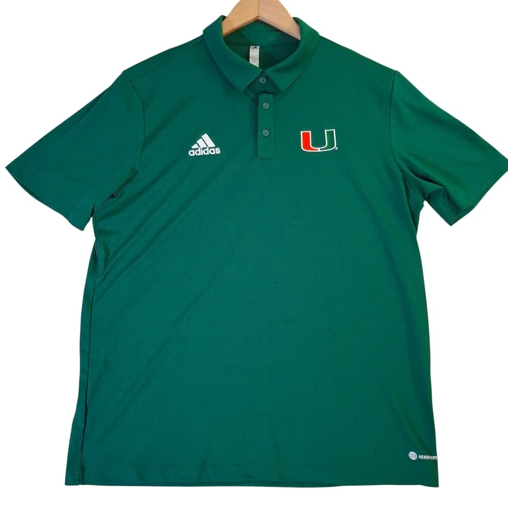 Miami Hurricanes Polo Shirt Men's Large Green Adidas Aeroready NCAA Performance